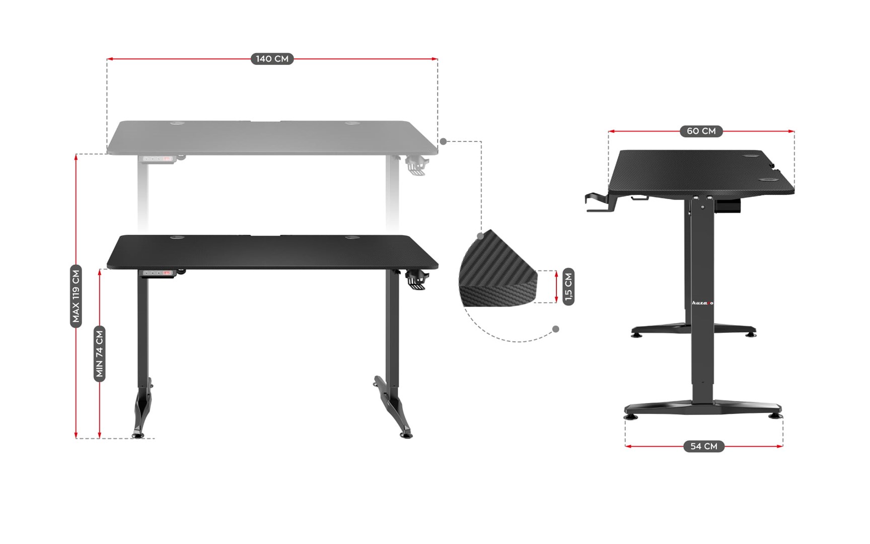 Tavolinë elektrike Huzaro Hero 8.5, 140 cm, e zezë