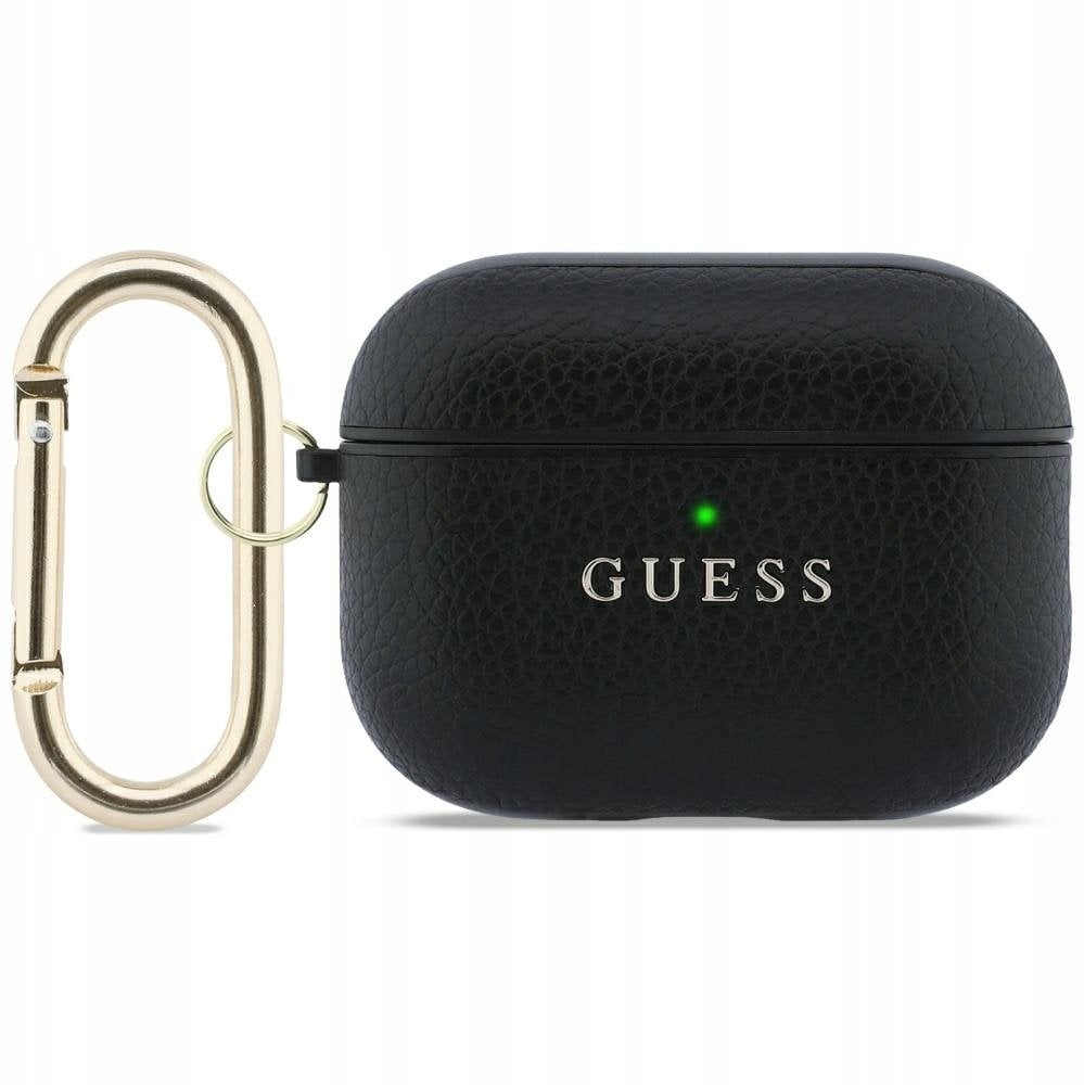 Mbështjellës Guess Grained Classic Logo Hook për Apple AirPods Pro 3, polikarbonat me lëkurë sintetike, me karabinë, i zi
