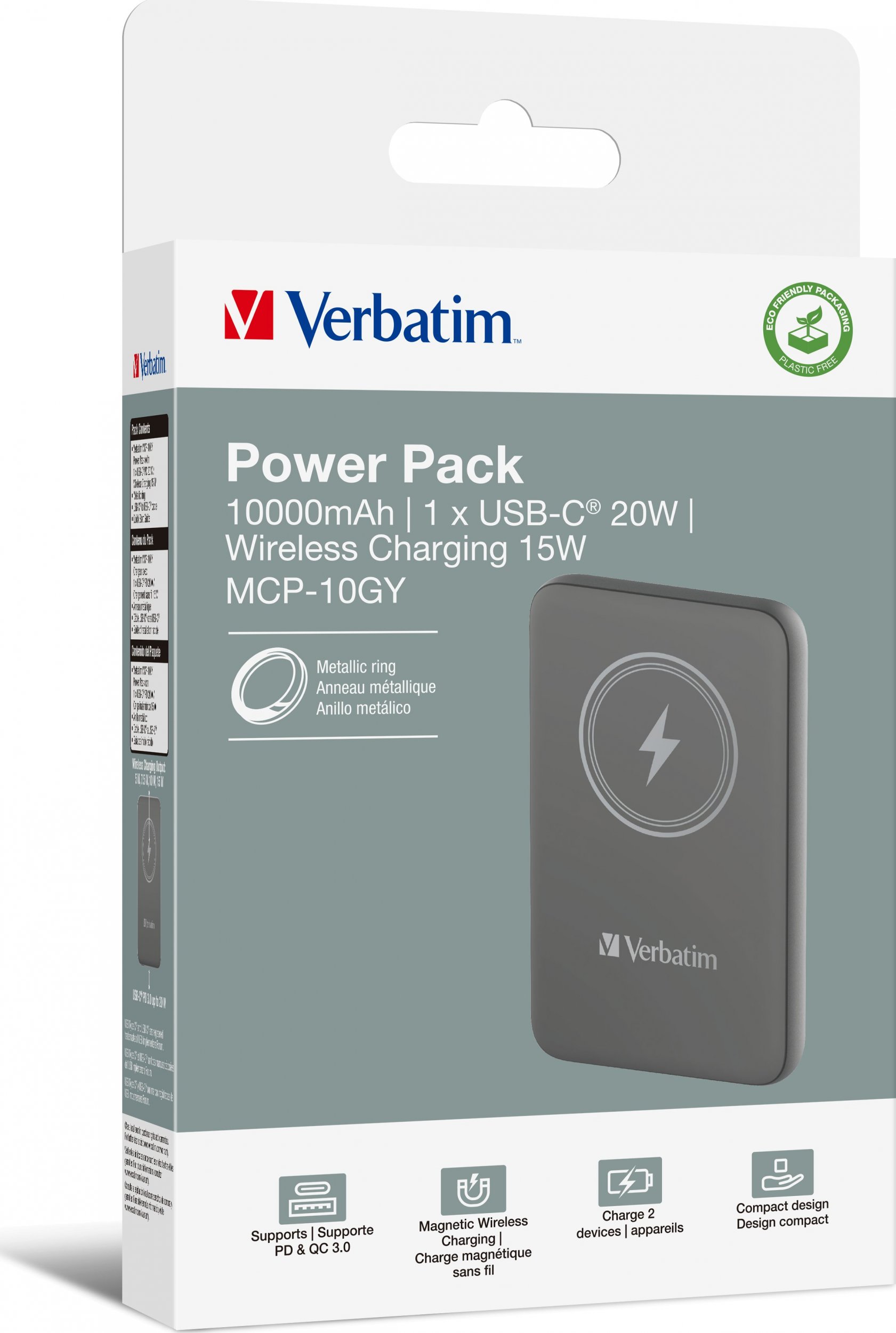 Power bank Verbatim Charge n Go, 10000mAh, wireless magnetik 15W, gri