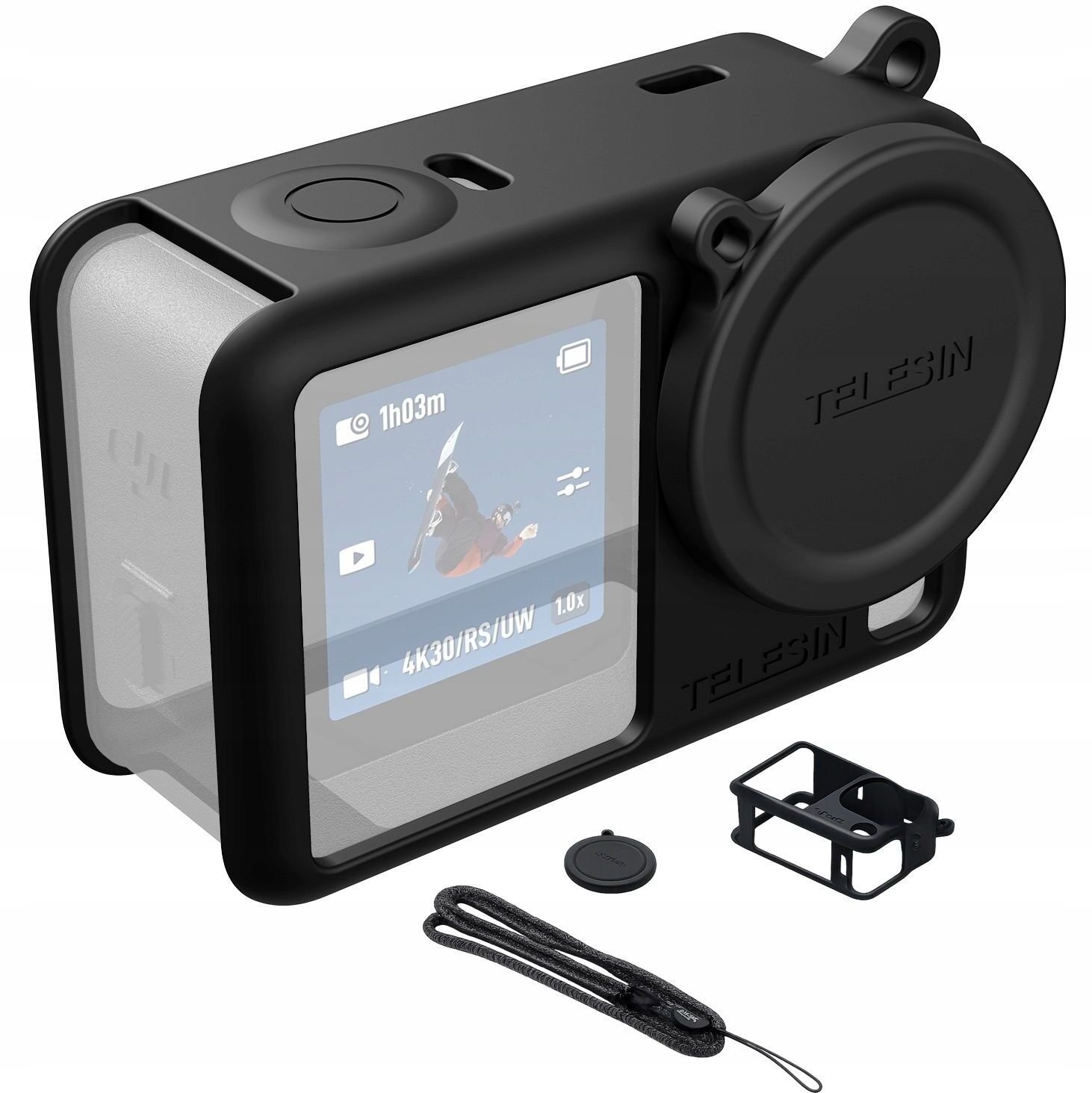 Mbulesë silikoni Telesin për DJI Osmo Action 6, me kapak lenteje, me rrip kyçi, e zezë