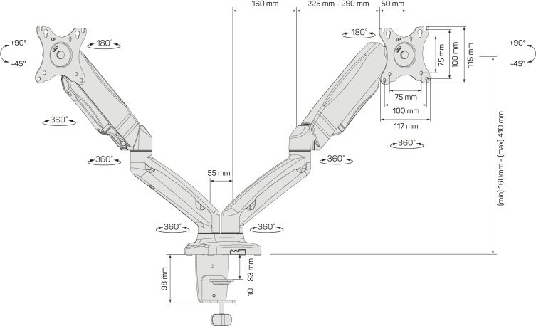 Mbajtës monitori CONNECT IT TwinArm Premium 30 YEARS, për 2 monitorë, VESA, i zi