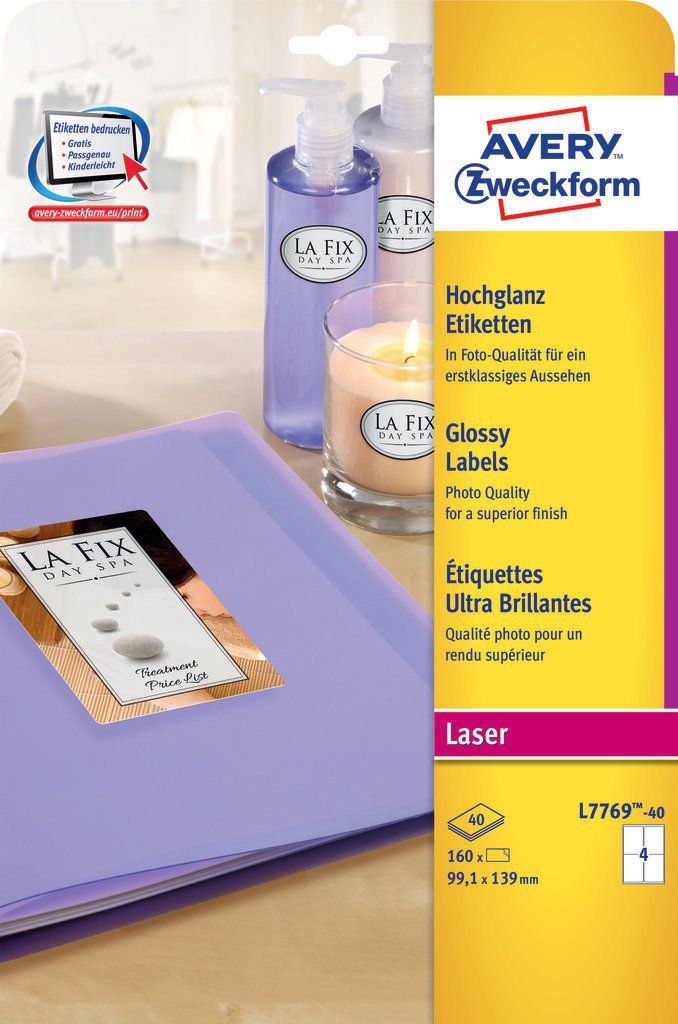 Etiketa glossy Avery Zweckform L7769-40, 99.1 x 139 mm, të bardha