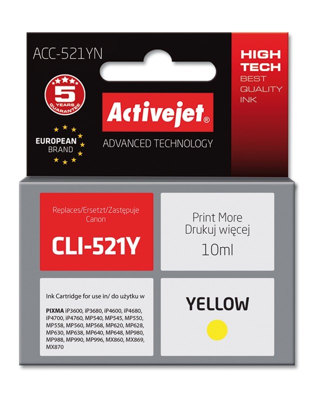 Ngjyrë për printer Activejet ACC-521YN (zëvendësim për Canon CLI-521Y), 10 ml, e verdhë