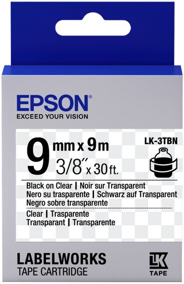 Shirit për printer etiketash Epson LabelWorks LK-3TBN 9mm, 9m, i zi/ transparent