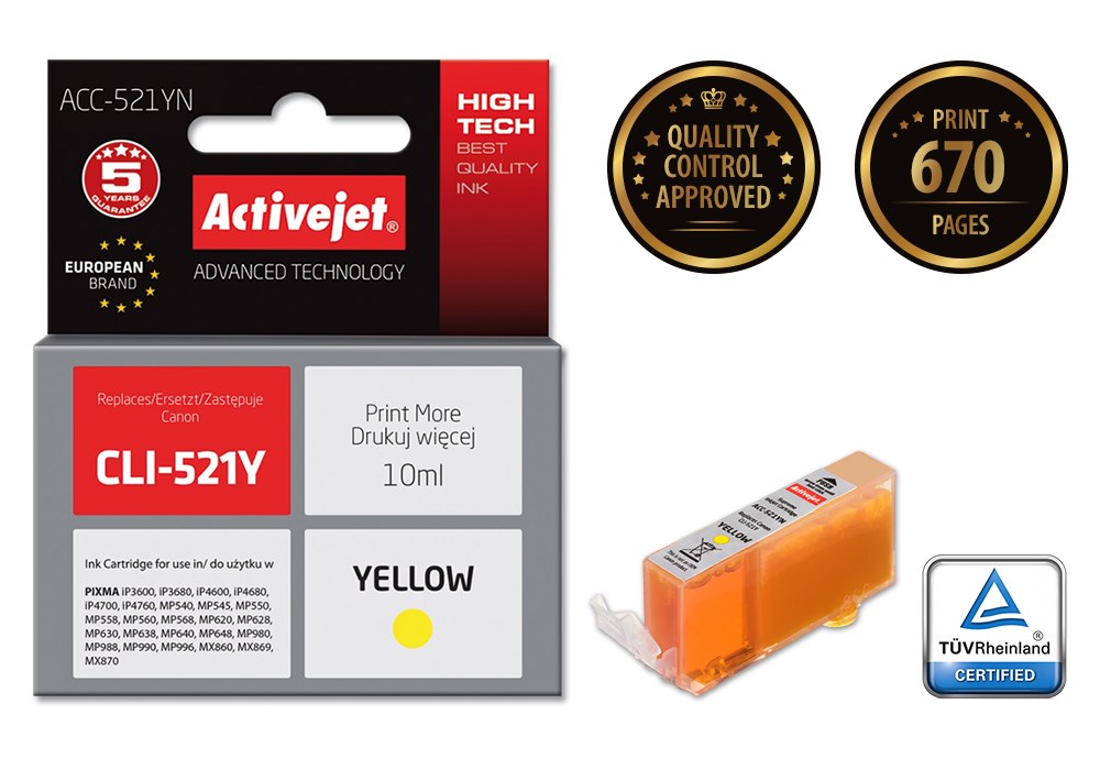 Ngjyrë për printer Activejet ACC-521YN (zëvendësim për Canon CLI-521Y), 10 ml, e verdhë