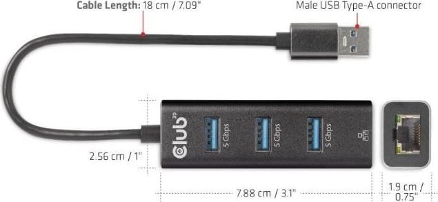 Splitter USB Club 3D CSV-1430a, USB-A 3.2 Gen1 në 3x USB 3.1, Gigabit Ethernet, i zi