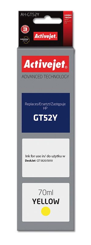 Ngjyrë për printer Activejet AH-GT52Y (zëvendësim për HP GT52Y M0H56AE), 70 ml, e verdhë