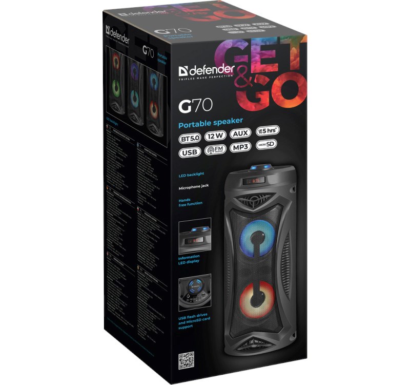 Звучник Bluetooth SPEAKER DEFENDER G70 12W BT/FM/TF/MIC LIGHTS