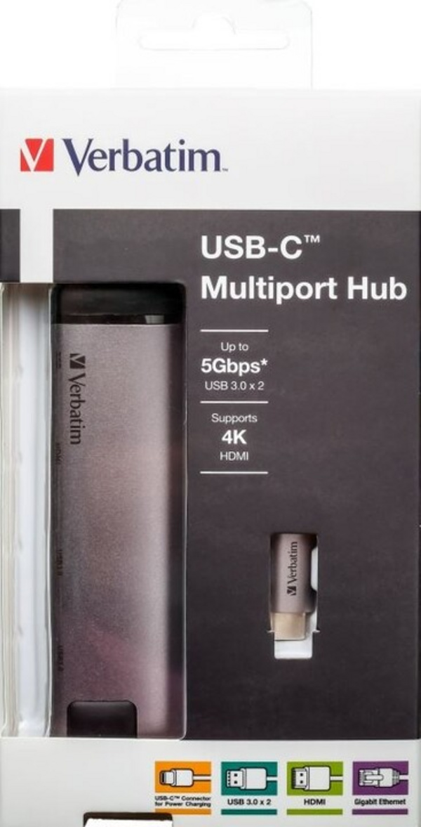 [OUTLET] Hub USB Verbatim, USB-C në USB-C 3.1, 2x USB 3.0, HDMI, RJ45, i zi / hirtë