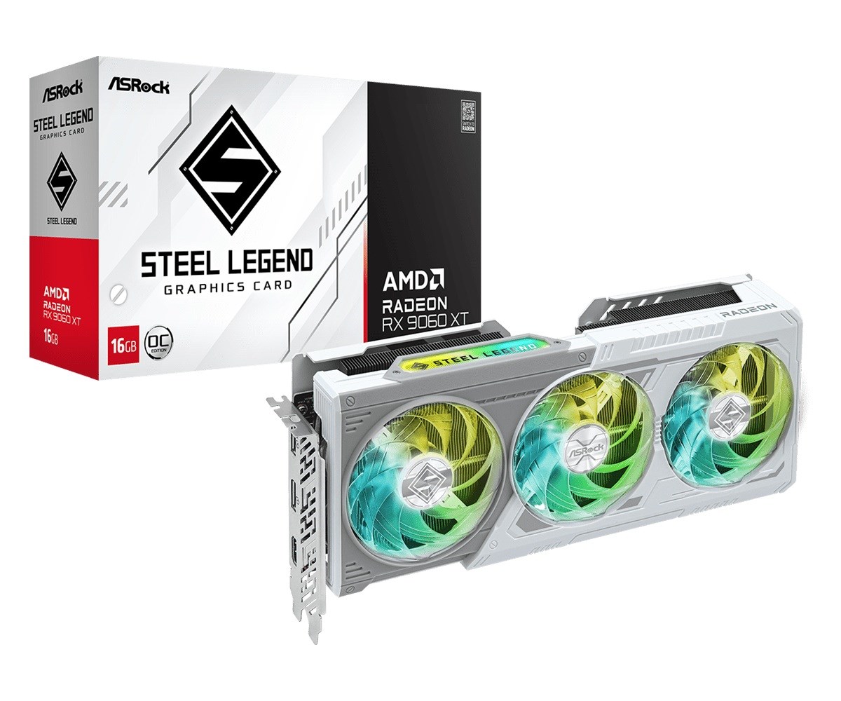 Kartë grafike ASRock Radeon RX 9060 XT Steel Legend OC, 16GB GDDR6, PCI Express, e bardhë