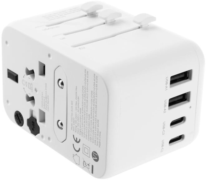 Përshtatës udhëtimi FIXED për EU, UK dhe USA/AUS, 3xUSB-C, 2xUSB-A, GaN, PD 65W, i bardhë