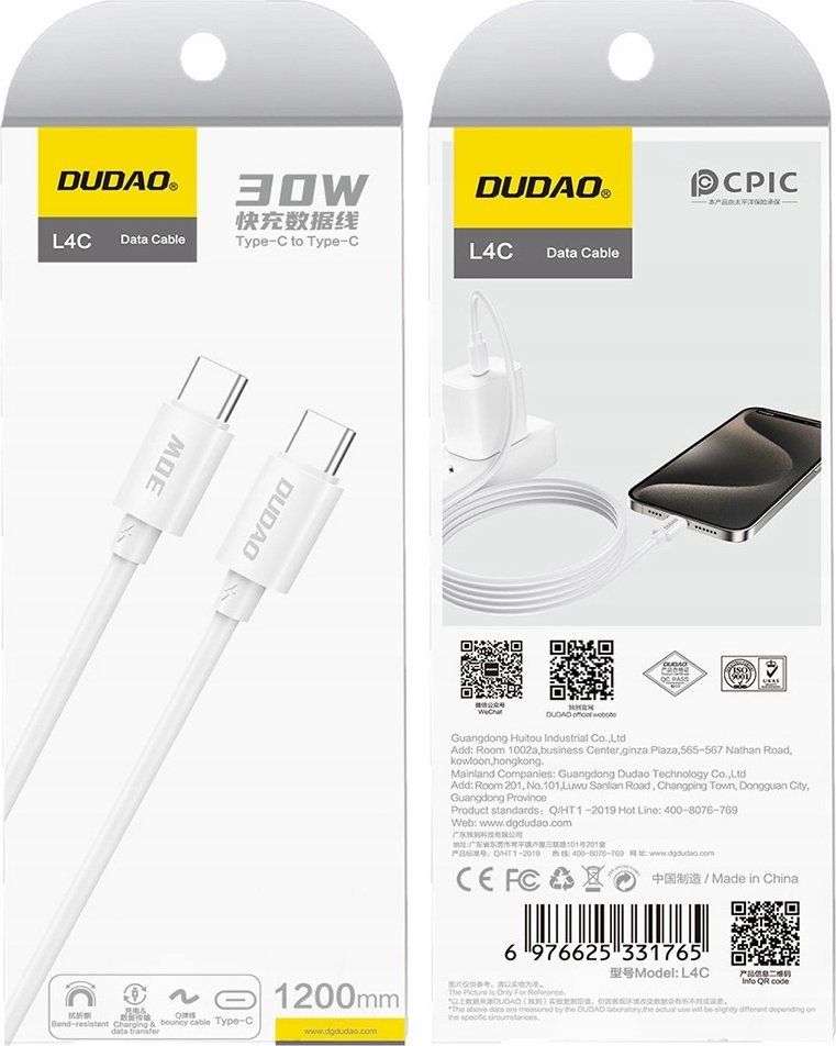 Kabllo USB C Dudao L4C, USB C në USB C, 30W, 2m, e bardhë