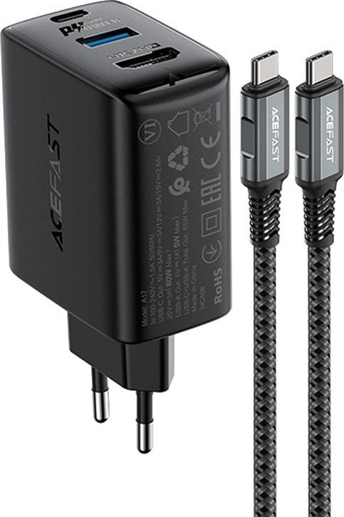 Karikues Acefast 2in1 GaN, 65W, USB A dhe USB C, gri