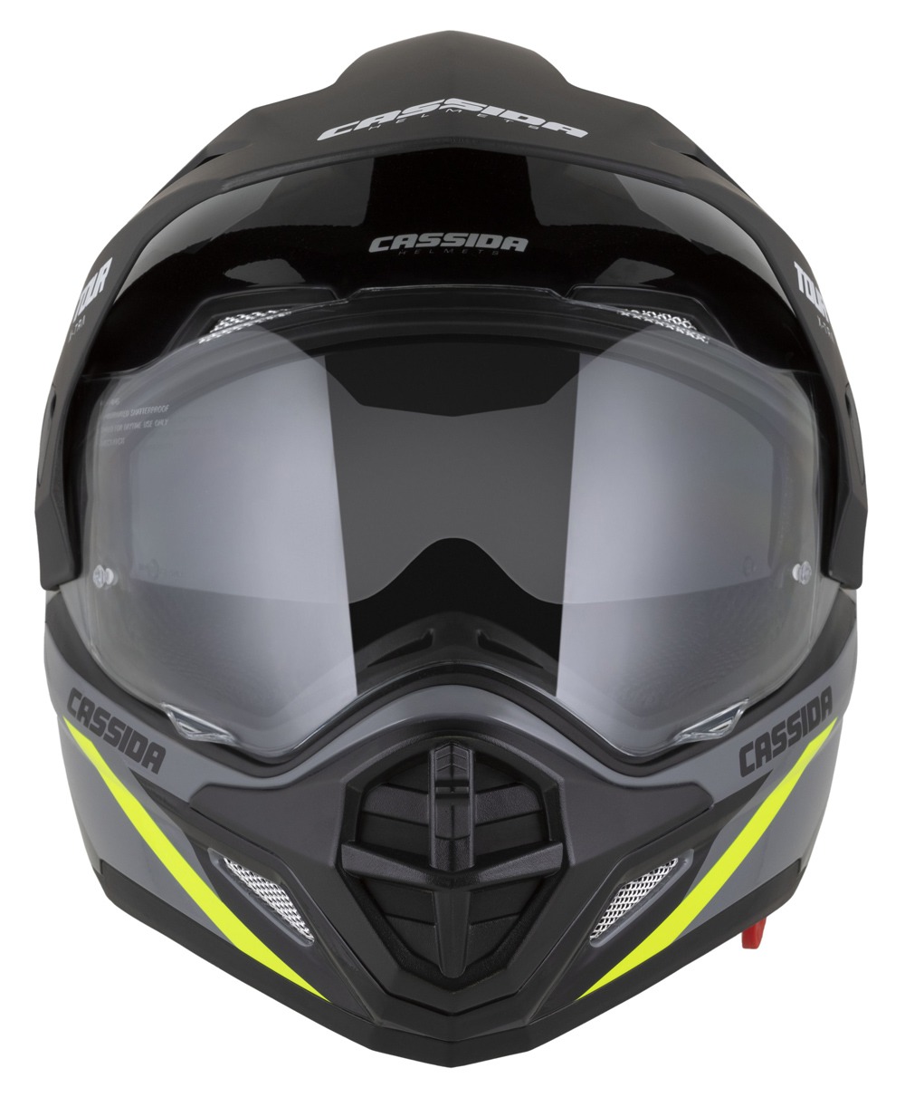 Helmetë moto Cassida Tour 2.0 X-tra, polikarbonat, vizor dielli, gri e verdhë fluo e zezë mat