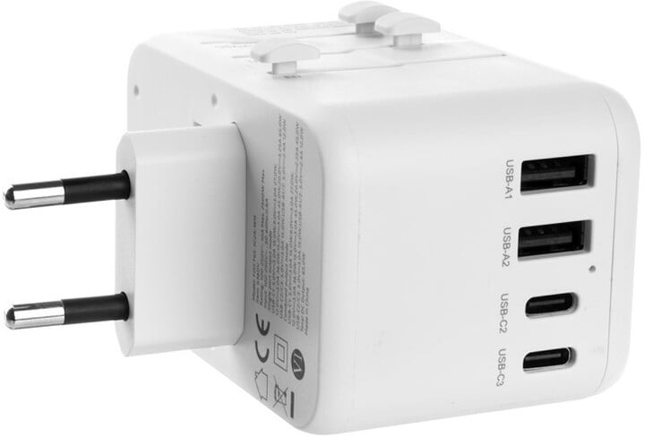 Përshtatës udhëtimi FIXED për EU, UK dhe USA/AUS, 3xUSB-C, 2xUSB-A, GaN, PD 65W, i bardhë