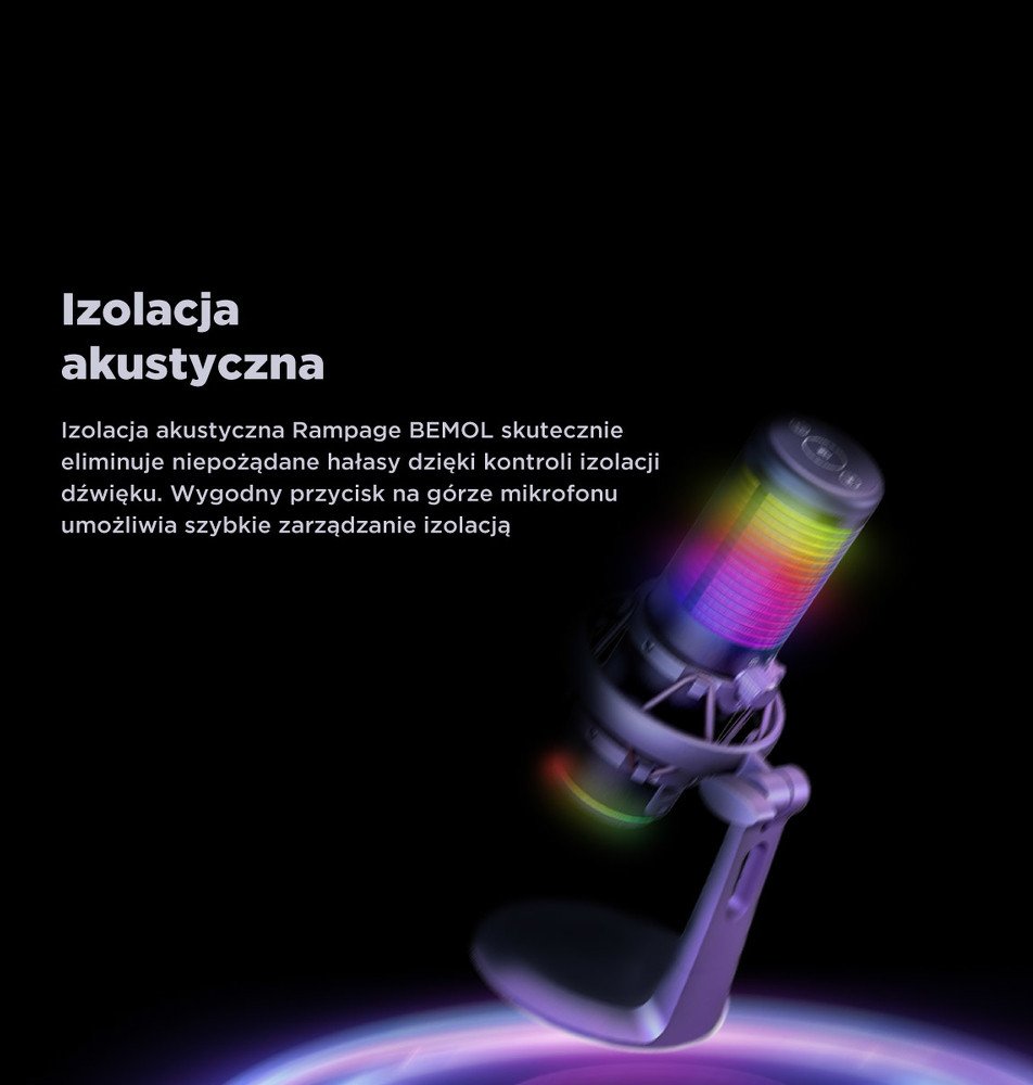 Mikrofon tavoline Rampage Bemol RGB, kapacitiv, 3.5mm dhe USB C, i zi