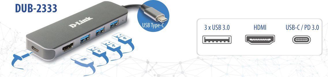 HUB USB C D Link DUB 2333, 5 në 1, HDMI 4K, gri