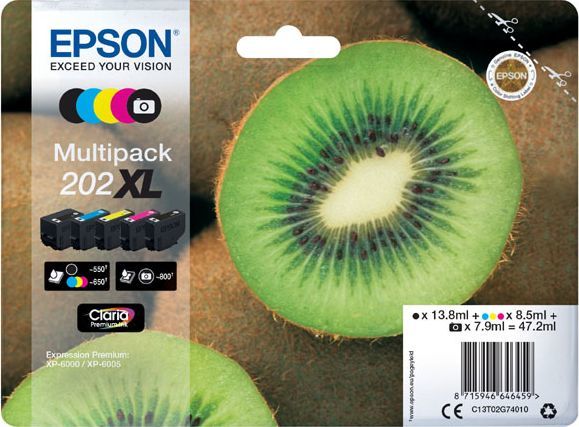 Ngjyrë për printer Epson C13T02G74010, 202 XL, 13.8ml/7.9ml/8.5ml, e zezë/shumëngjyrëshe