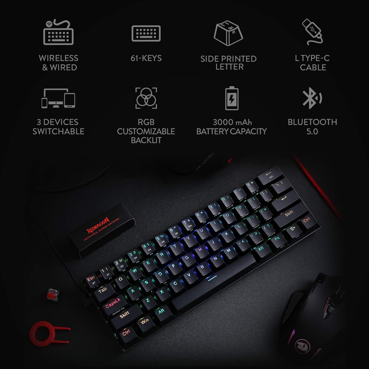 Tastierë gaming Redragon Draconic K530RGB, e zezë