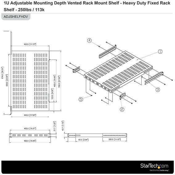 Raft serveri StarTech.com 1U 4-Post, 19.5-38" i rregullueshëm, deri 150 kg, i zi