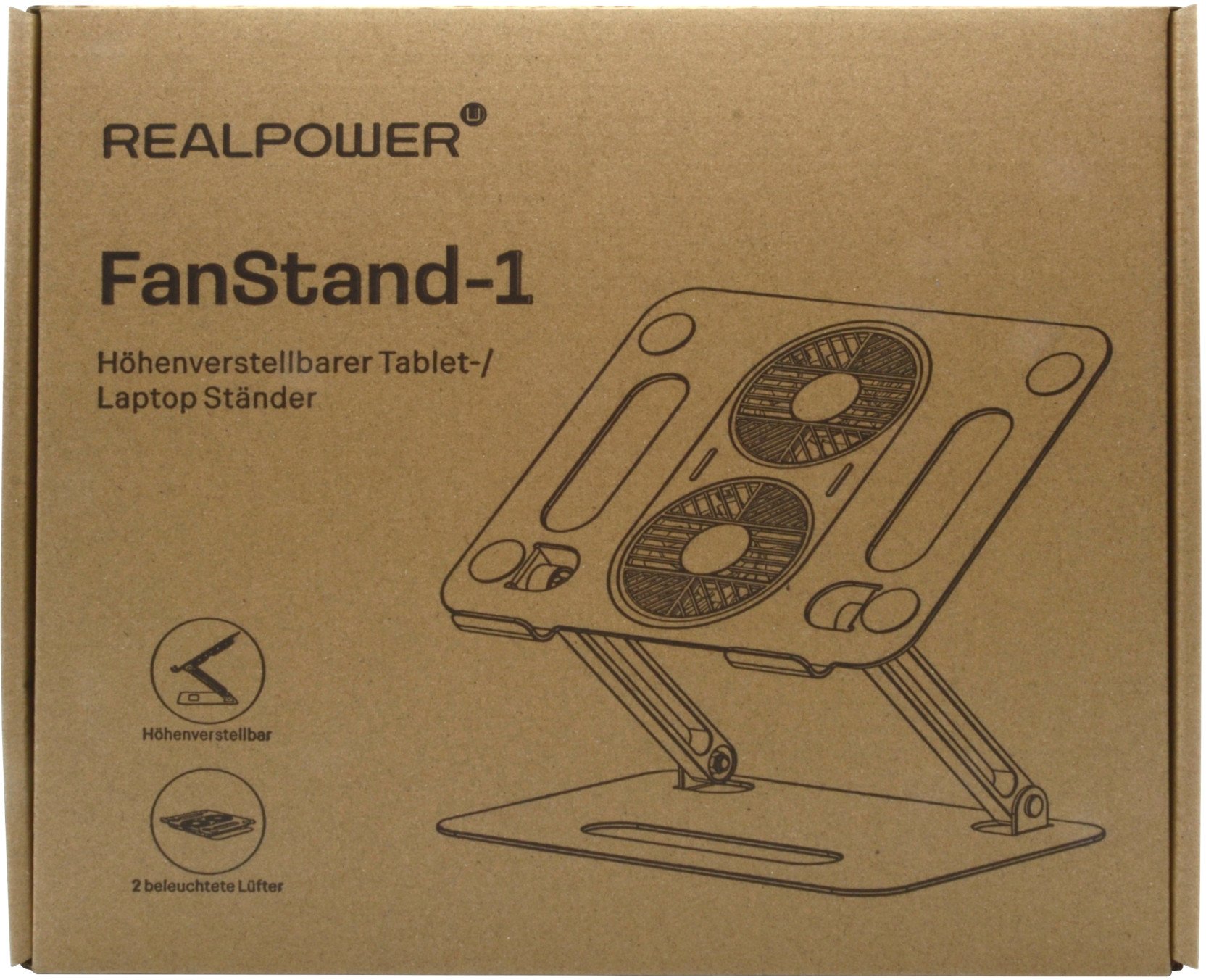 Qëndrim laptopi RealPower FanStand 1, deri 17", ventilator USB, çelik inox, me RGB