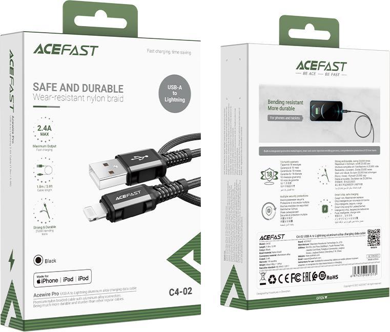 Kabllo USB Acefast USB A në Lightning, 1.8 m, 2.4A, e zezë