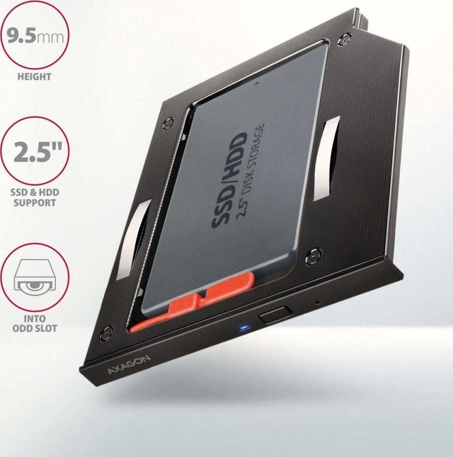 Kornizë bay për HDD SSD Axagon RSS-CD09, 2.5", 9.5mm, alumin, me LED