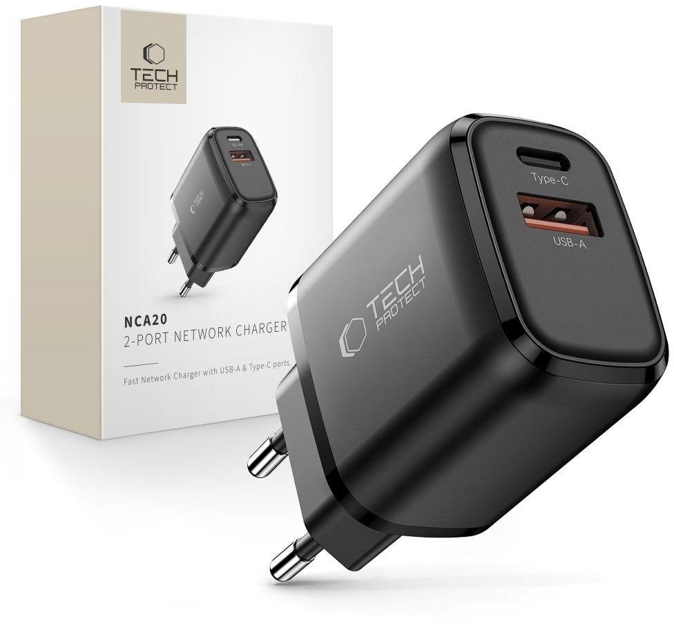 Полнач за ѕид Tech-Protect NCA20, 20W PD QC3.0, 2 USB порти, црн