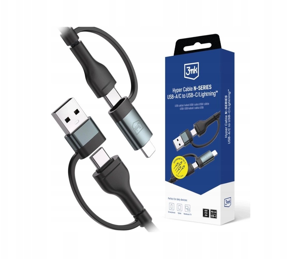 Kабел USB 3MK Hyper Cable N Series, USB A USB C во USB C Lightning, 1.2m, 60W
