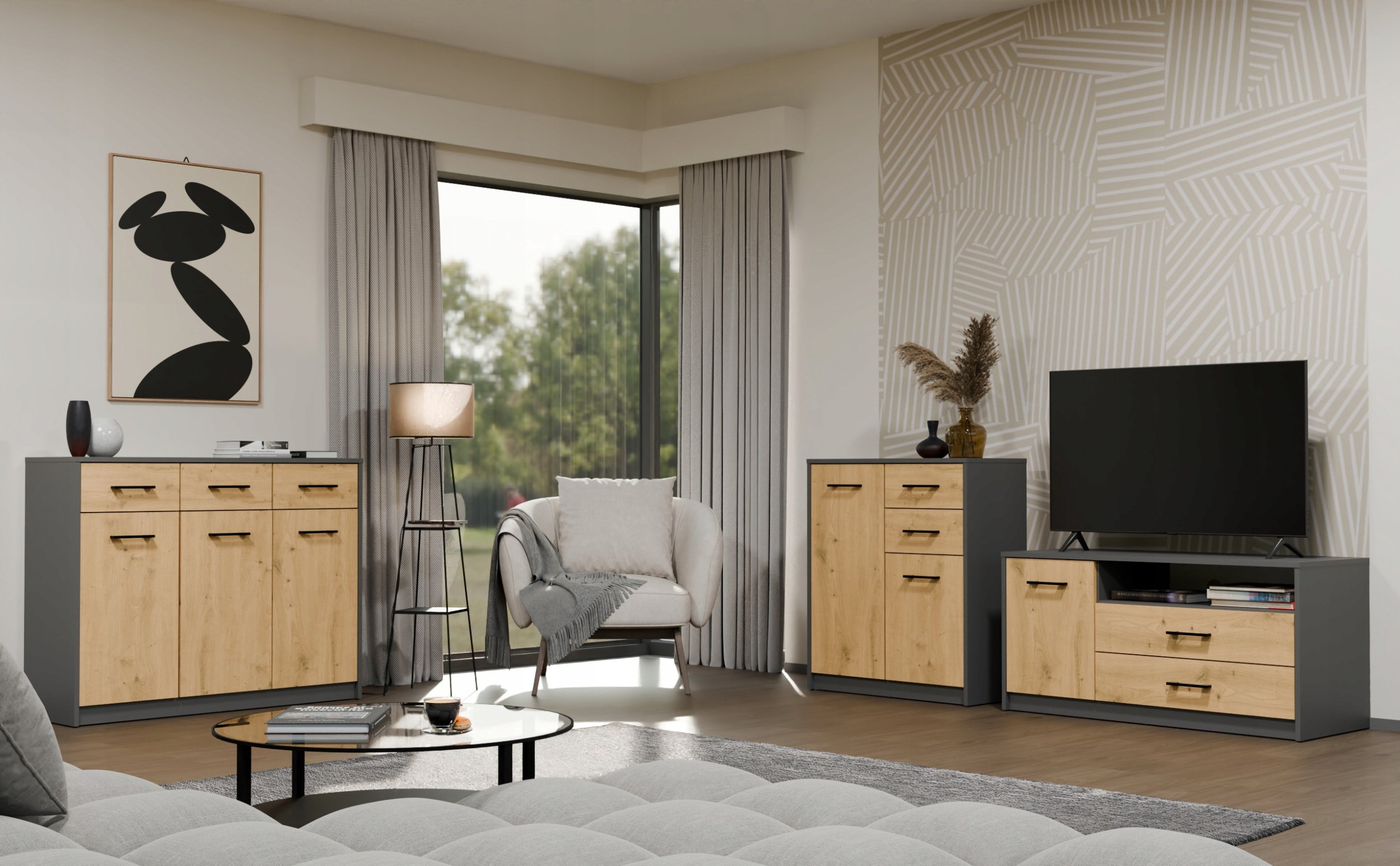 Kabinet TV SIMPLO 1D2S, 2 sirtarë, 1 derë, antracit dhe oak artisan