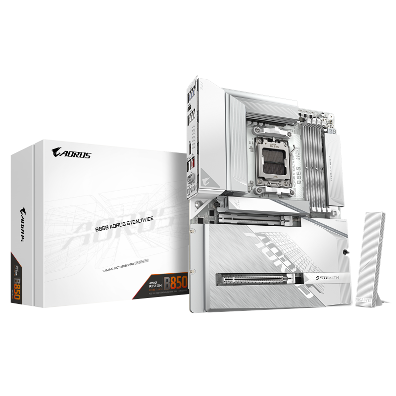 Pllakë amë GIGABYTE B850 AORUS STEALTH ICE, AMD AM5, DDR5, PCIe 5.0, e bardhë