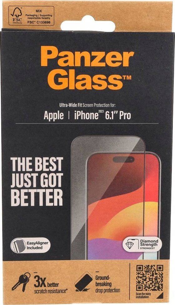 Заштита за екран PanzerGlass за iPhone 15 Pro, Ultra-Wide Fit, со EasyAligner, проѕирна