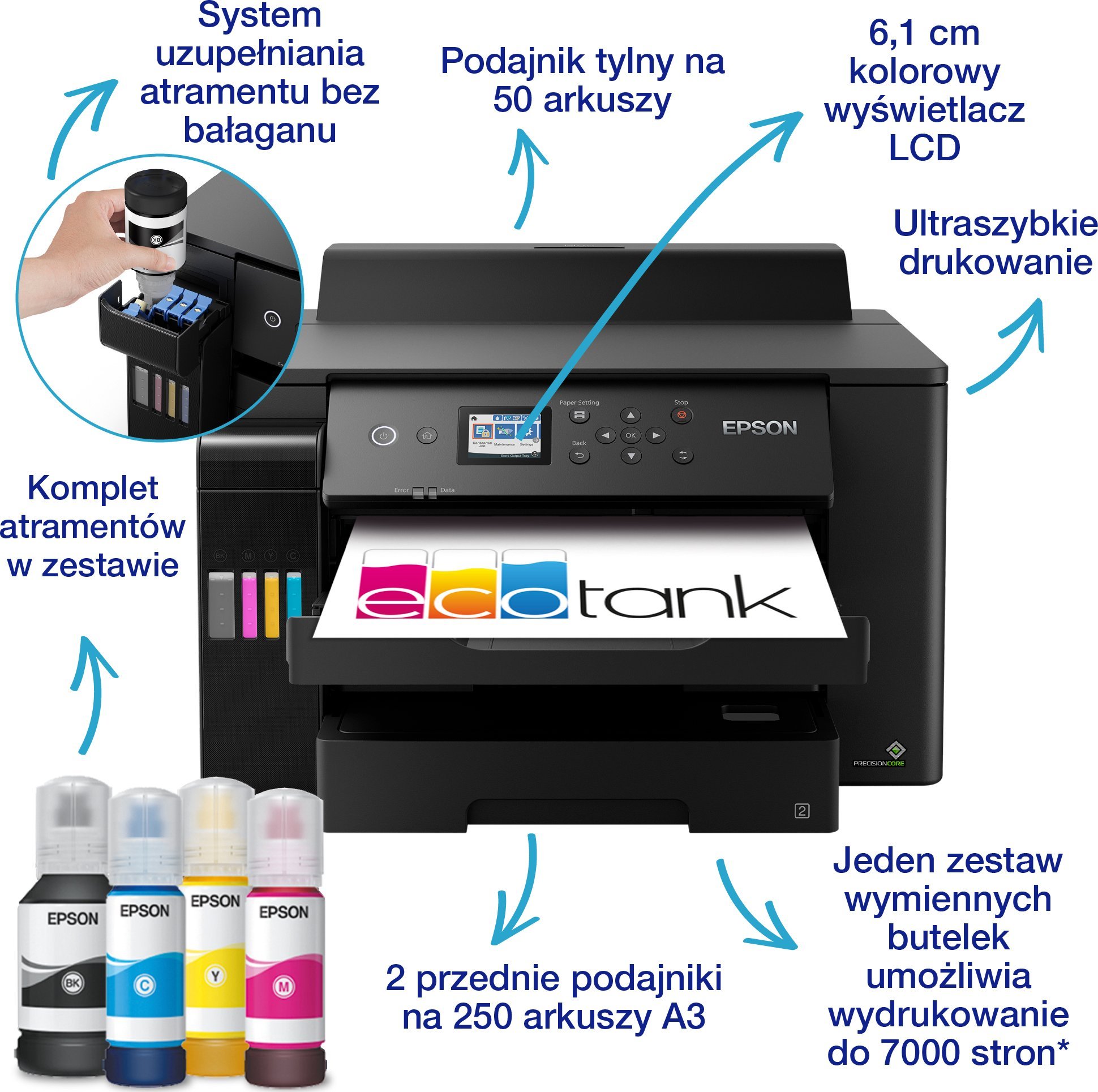 Printer Epson EcoTank, inkjet ngjyrë A3, Wi-Fi, i zi