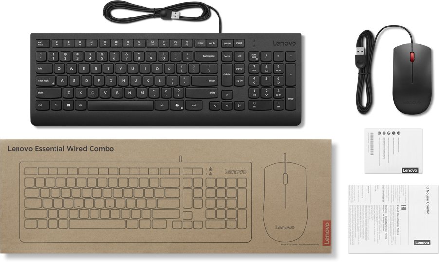 Set tastierë dhe maus Lenovo Essential, me kabllo USB, layout English US, i zi