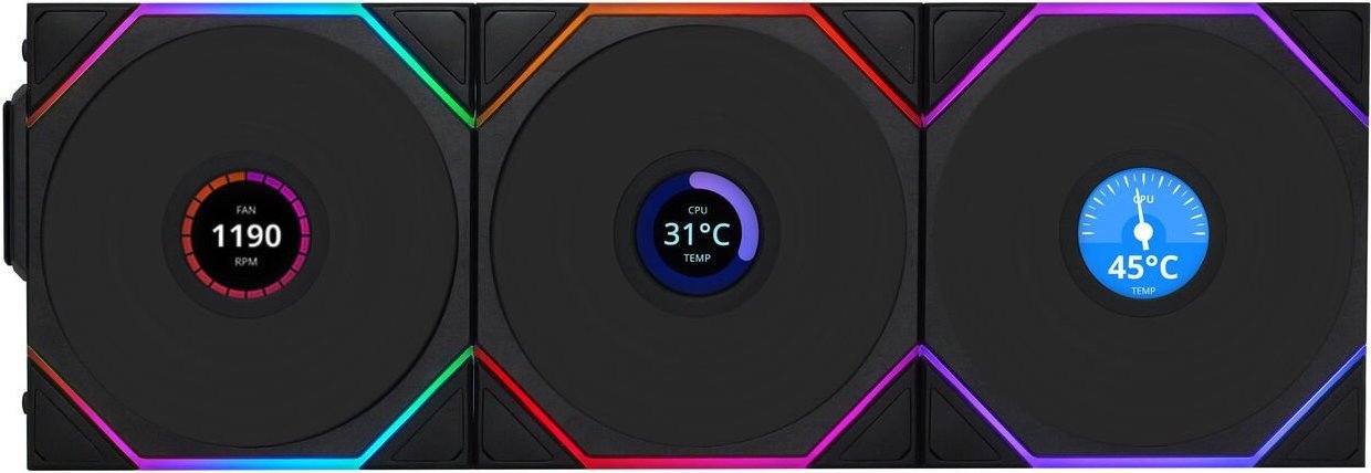 Ventilatorë kasse Lian Li UNI FAN TL LCD Wireless Reverse Blade, 120mm, ARGB PWM, të zinj set 3 copë