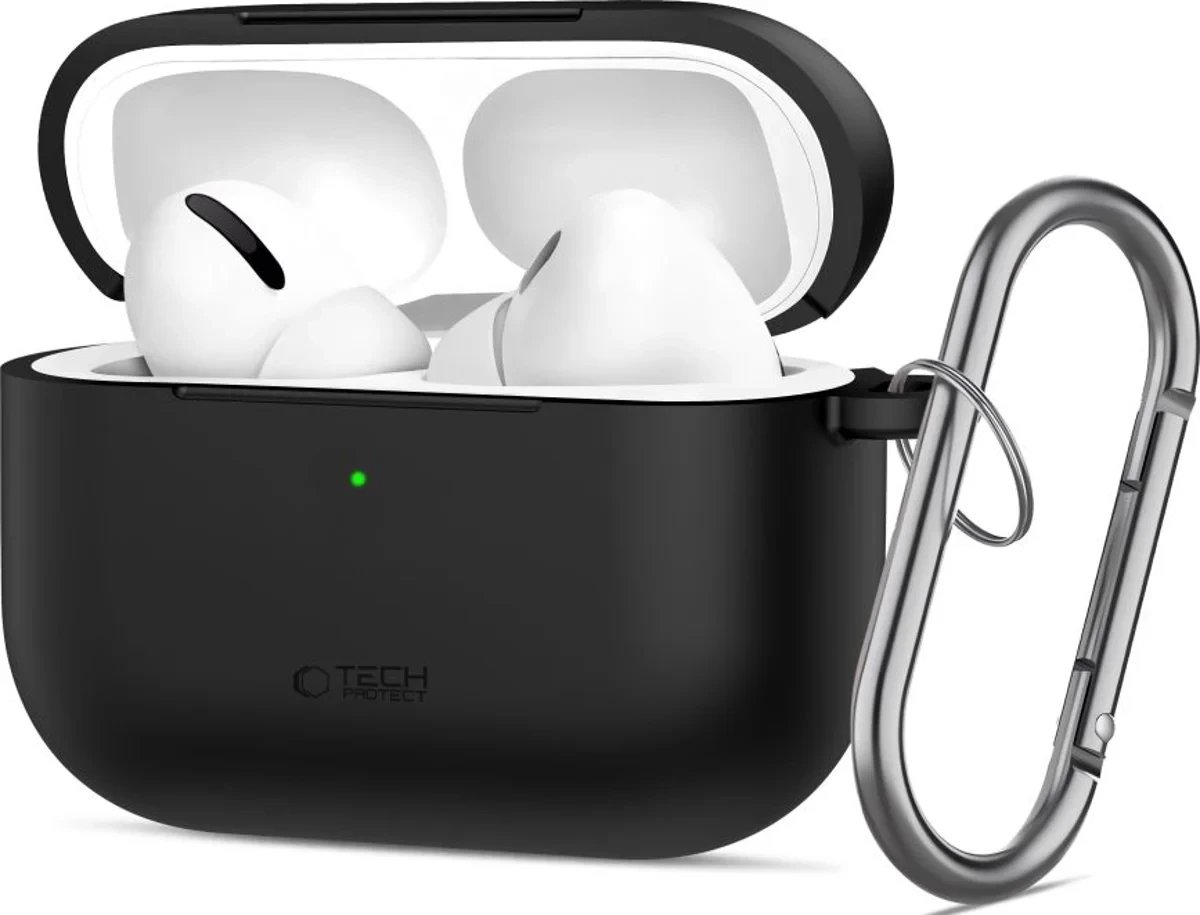Mbulesë silikoni Tech-Protect për Apple AirPods Pro 3, me karabinë, e zezë