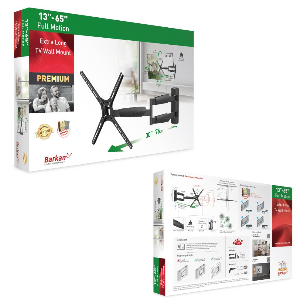 Kllapë murale për TV Barkan, 13" 65", krah 76cm, deri 36kg, e zezë