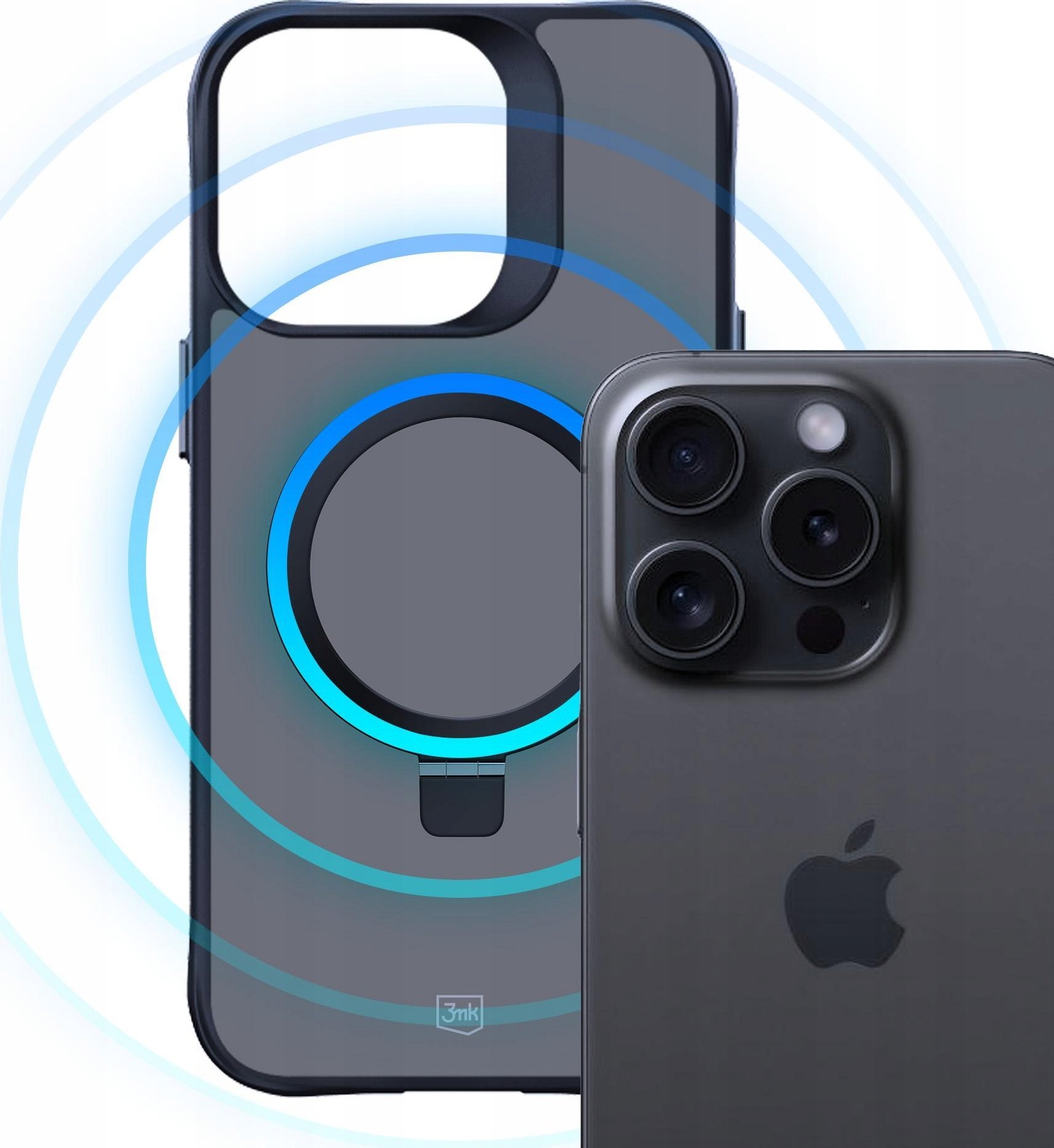 Futrollë 3MK Smoke Case MagStand për iPhone 15 Pro, MagSafe, me mbajtëse, e zezë