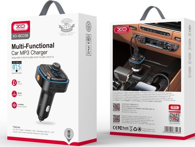 Transmetues FM Bluetooth për veturë XO, karikues me USB C dhe 2x USB, i zi