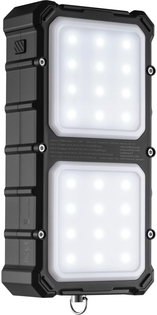Power Bank Sandberg Solar CampLED, 20000 mAh, me panel diellor dhe llambë LED, i zi