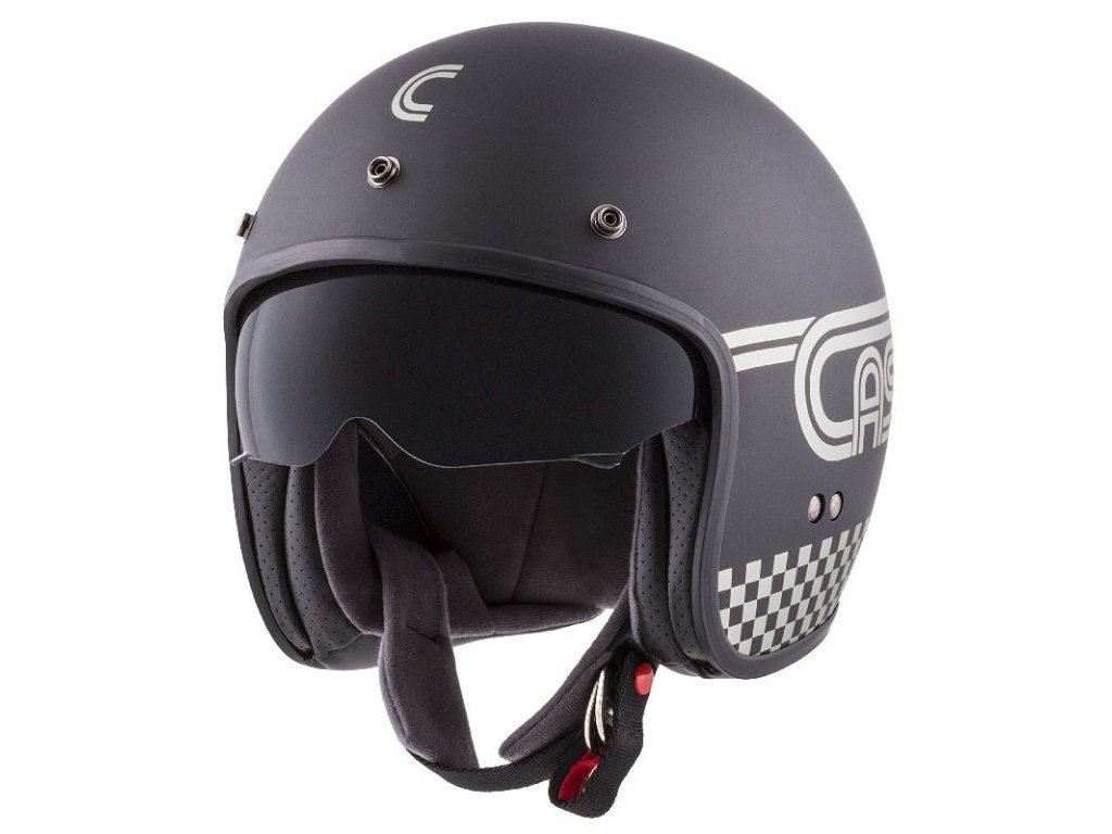 Helmeta moto Cassida Oxygen Rondo, polikarbonat, vizor dielli, e zezë mat me argjend