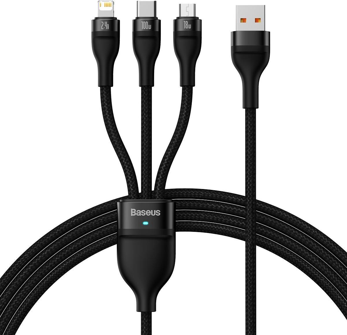 Кабел за полнење Бејсус Флеш Серија II CASS030001, 3 во 1, 1.2 m, 100W, црна