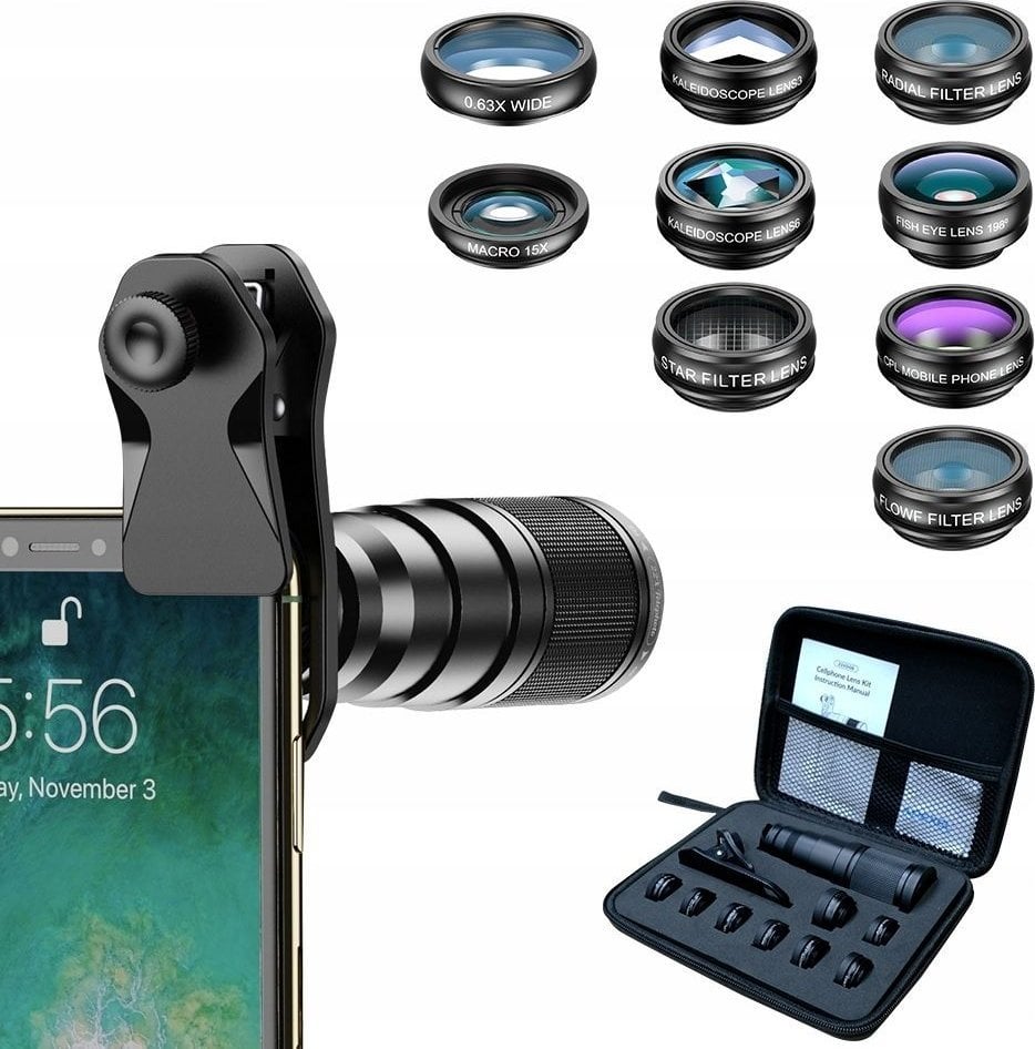Set lentesh për smartphone Apexel 12 in 1 APL 22XDG9, 22x telefoto, fisheye, 15x makro