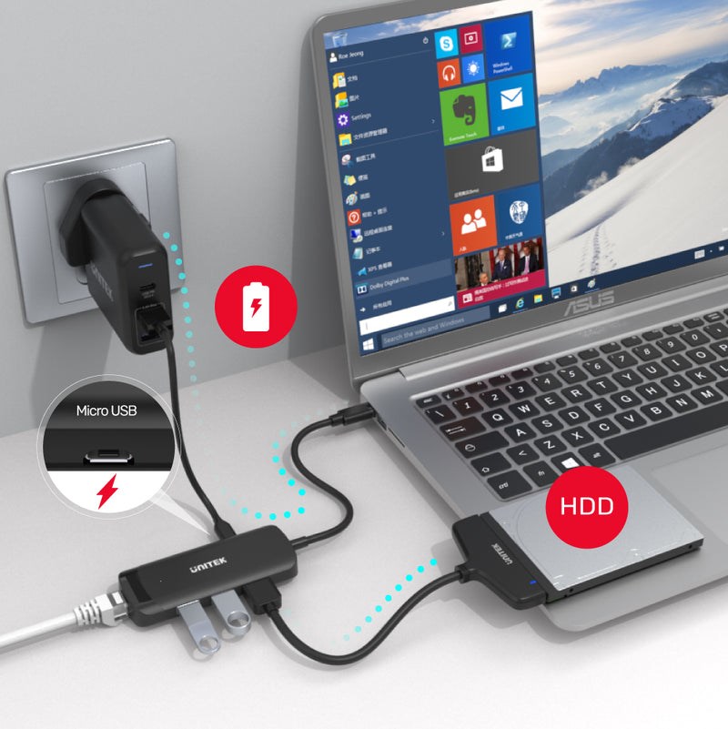 USB Hub Unitek H1110A, 3xUSB-A 5Gbps, RJ45 1Gb, USB-C, e zezë