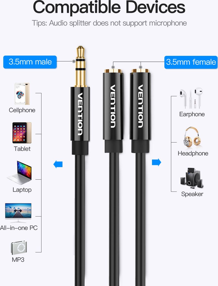 Kabllo audio splitter Vention, 3.5mm mashkull në femër, e zezë
