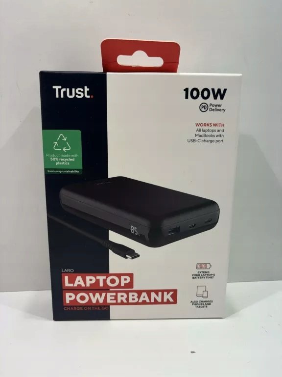 Надворешна батерија Труст Ларо, 100W, 2x УСБ-Ц 1x УСБ-А, црна