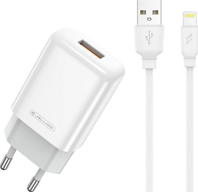 Karikues USB Jellico EU01, 12W 2.4A, 1x USB, me kabllo Lightning, i bardhë