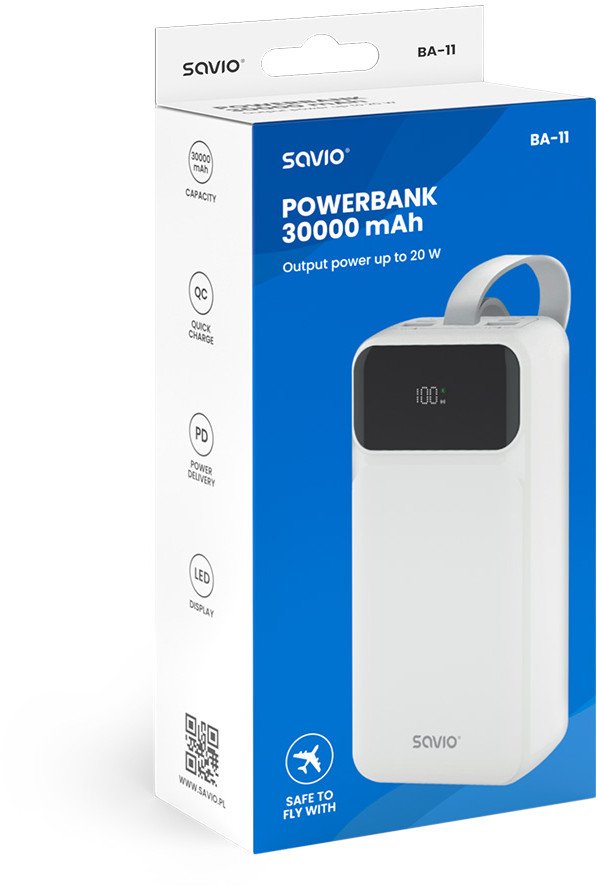 Powerbank Savio BA-11, 30000mAh, 111Wh, i bardhë