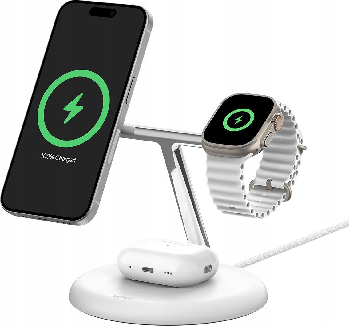 Stacion karikimi Belkin BoostCharge Pro 3 in 1, Qi2, 15W, i bardhë