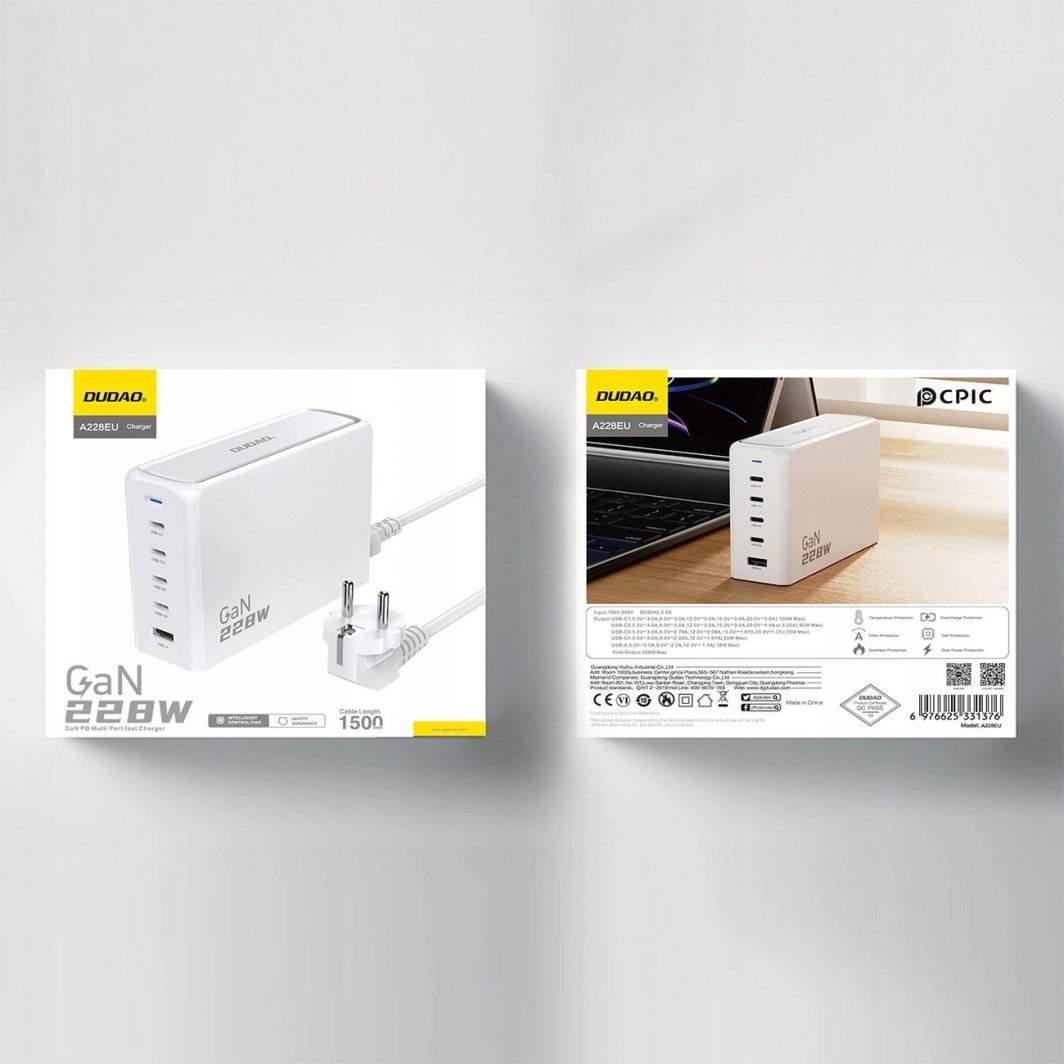 Karikues Dudao A228EU GaN, 1x USB-A, 4x USB-C, PD, 228W 